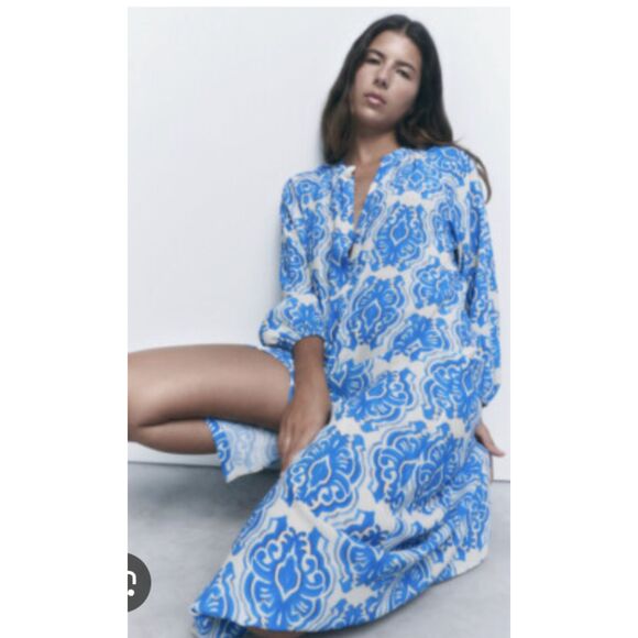 Zara Printed Blue White Midi Dress Size Medium - Picture 1 of 5